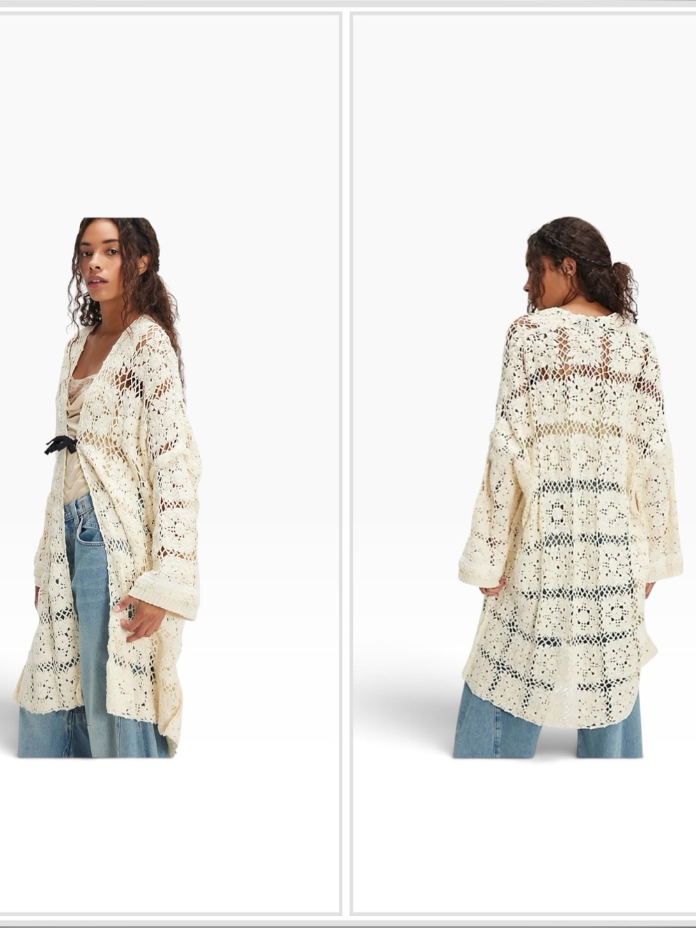 Free People Bali June  Crochet Cream Cotten Open Knit Long Sleeve Cardigan Sz ML